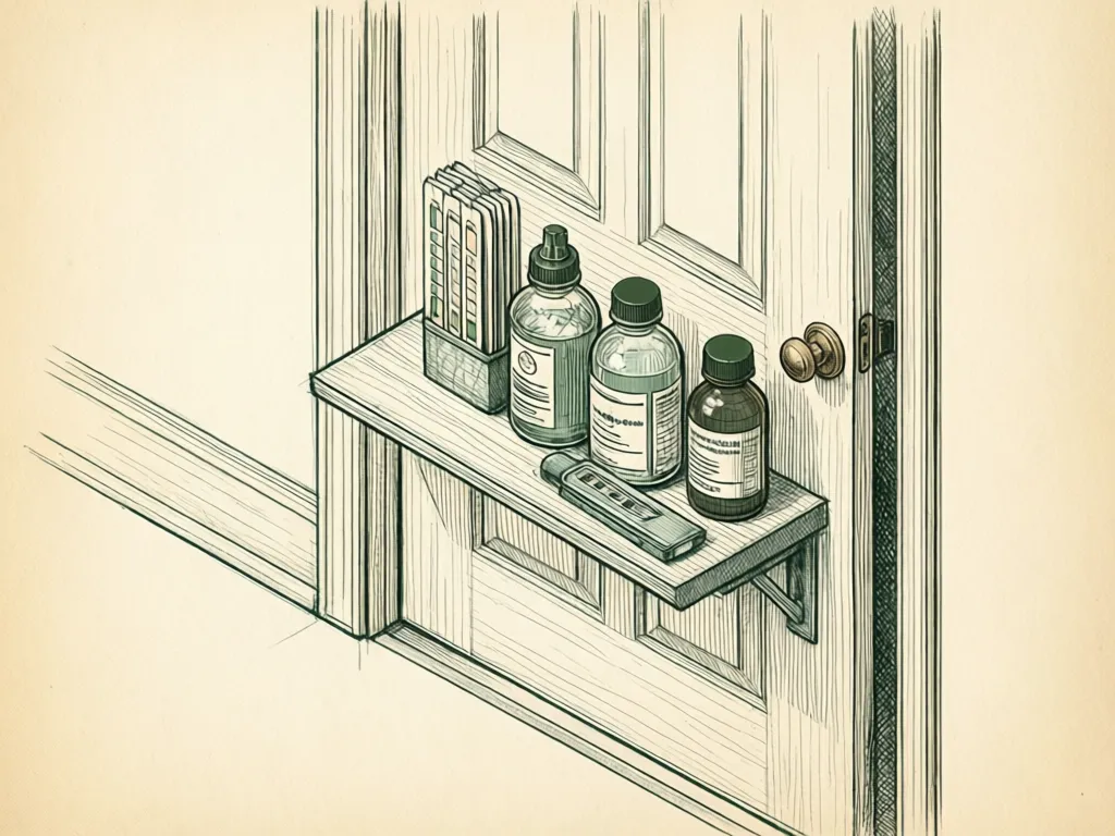 Illustration: A shelf by the back door holding test strips and a case for county lab bottles