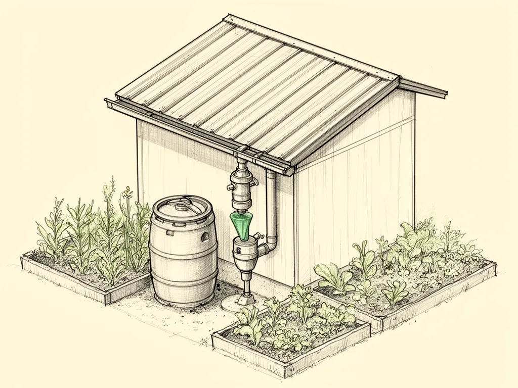 Illustration: A metal shop roof with a gutter, downspout, and a first-flush diverter feeding a rain barrel beside garden beds