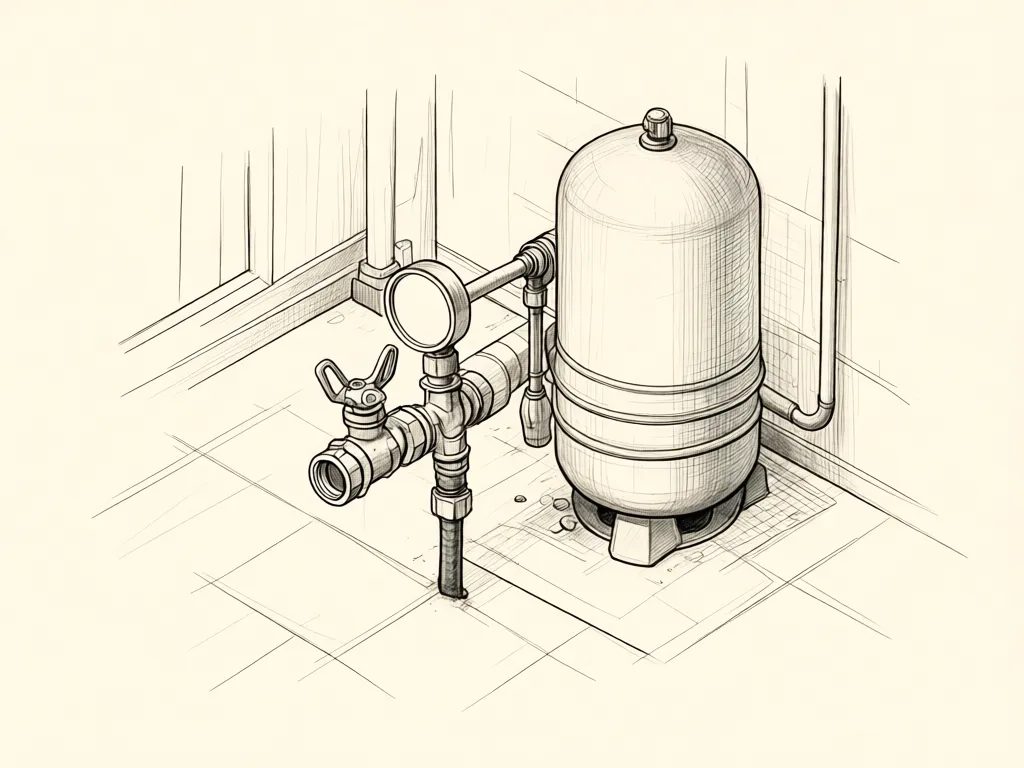 Illustration: A pressure gauge screwed onto a hose bib beside a drained pressure tank in a utility room